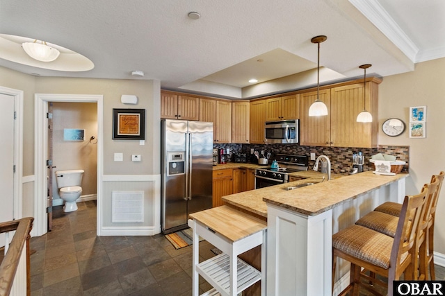 kitchen featuring stainless steel appliances, a peninsula, a sink, backsplash, and a raised ceiling