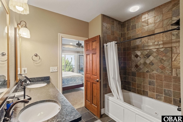 ensuite bathroom with ensuite bath, tile patterned flooring, a sink, and shower / bathtub combination with curtain