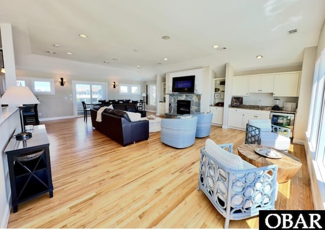 103 Buffell Head Rd Lot 2, Duck, NC 27949 - living area featuring a stone fireplace, light wood-type flooring, recessed lighting, and baseboards