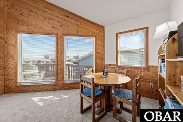 carpeted dining space featuring a wainscoted wall and wood walls