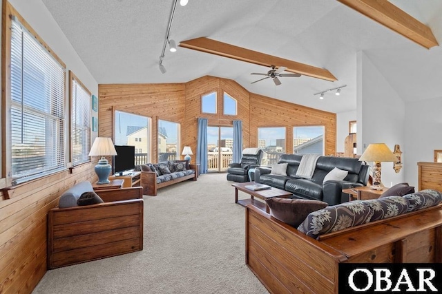 living area with plenty of natural light, light colored carpet, and wood walls