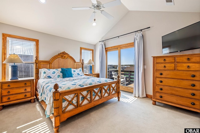 bedroom with access to exterior, visible vents, light carpet, vaulted ceiling, and ceiling fan