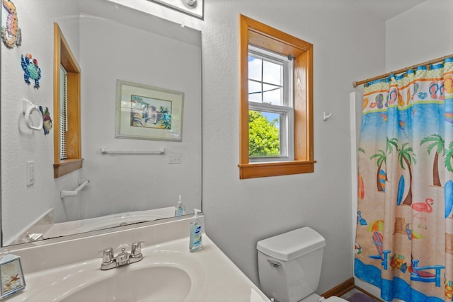 full bathroom with vanity, toilet, and curtained shower