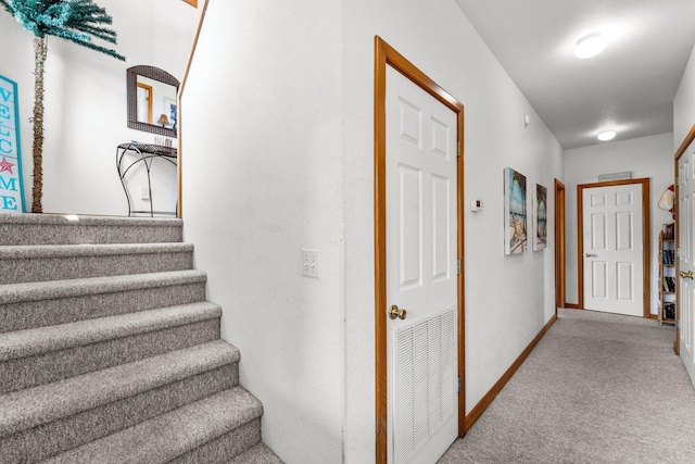 stairs with baseboards and carpet