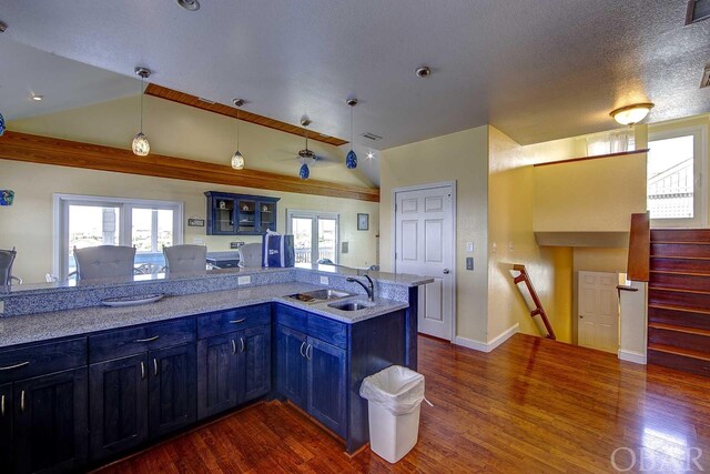 kitchen featuring dark wood-type flooring, plenty of natural light, glass insert cabinets, and a peninsula