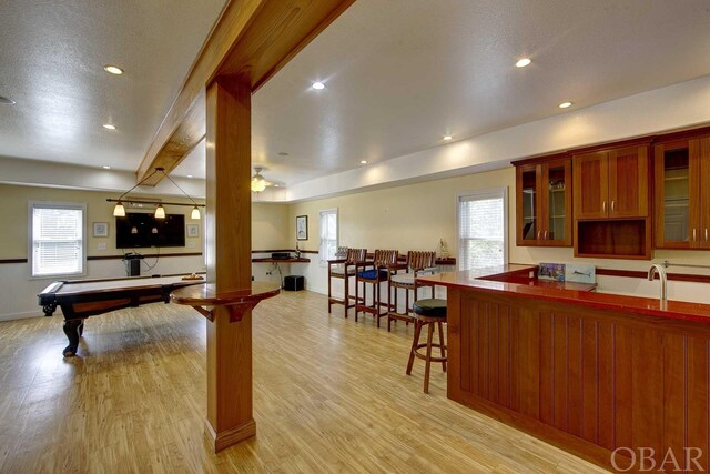 game room featuring light wood finished floors, recessed lighting, and pool table