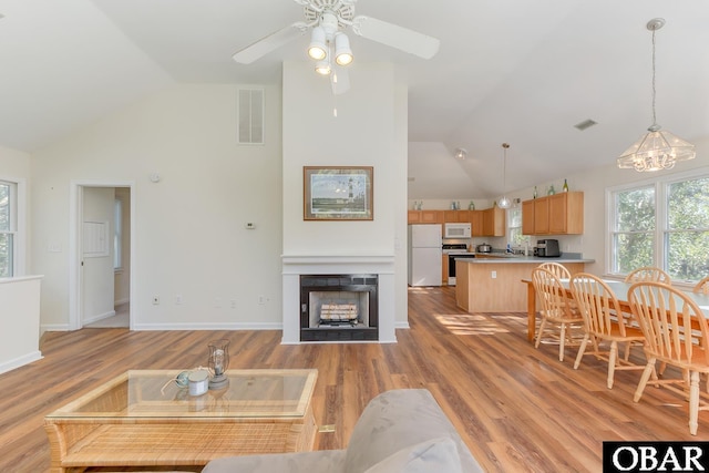 living room with a fireplace, visible vents, and light wood-style floors