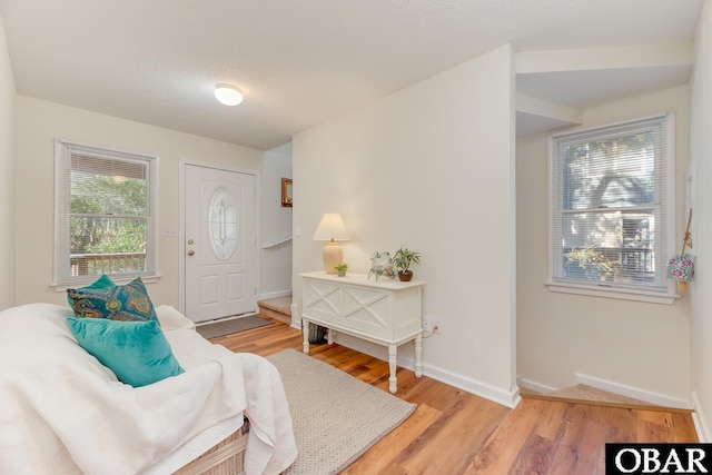 entryway with light wood-style floors, plenty of natural light, a textured ceiling, and baseboards