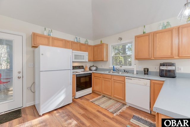 kitchen featuring white appliances, light countertops, light brown cabinetry, light wood-style floors, and a sink