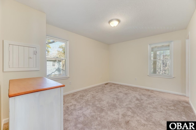 empty room featuring carpet floors, a textured ceiling, and baseboards