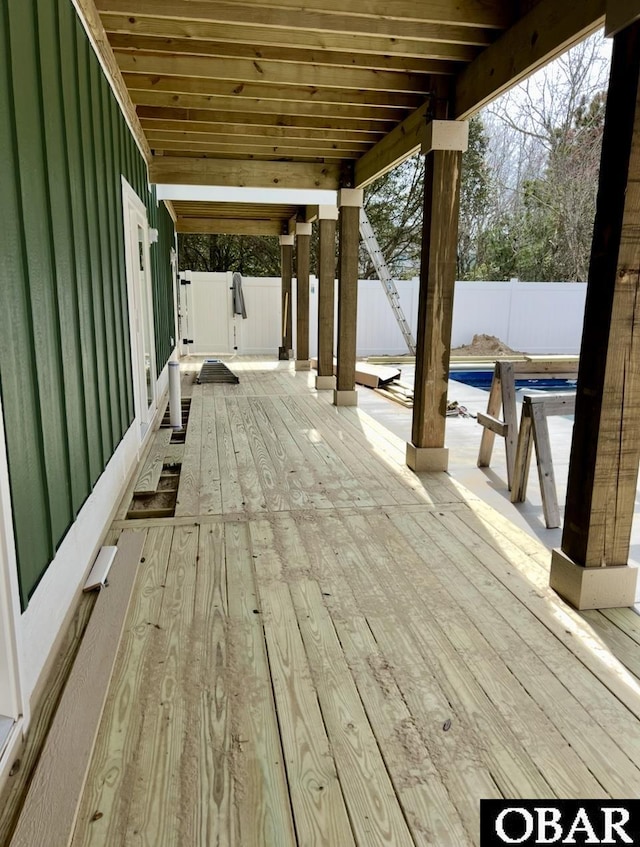 deck featuring a fenced in pool and a fenced backyard