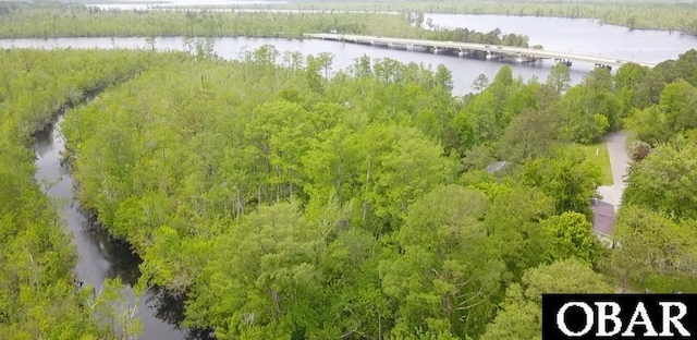 bird's eye view with a forest view and a water view