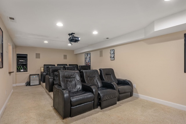 cinema featuring light carpet, visible vents, baseboards, and recessed lighting