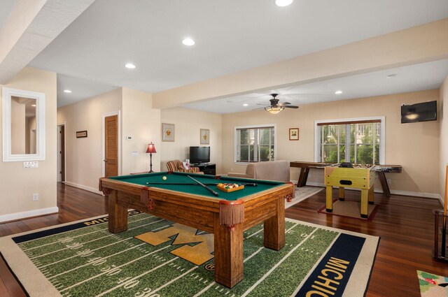 recreation room featuring dark wood-style floors, recessed lighting, pool table, and baseboards