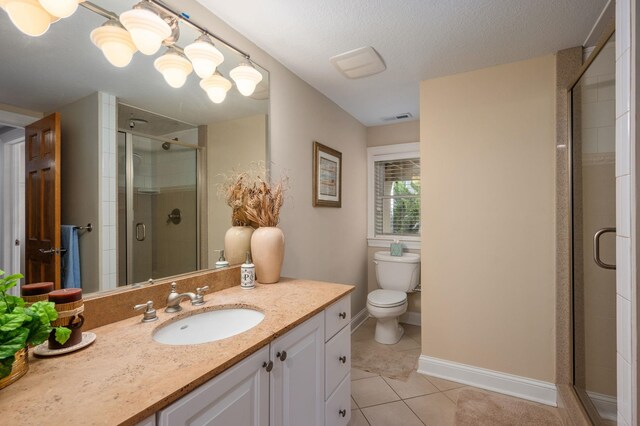 full bath with tile patterned flooring, toilet, vanity, visible vents, and a stall shower