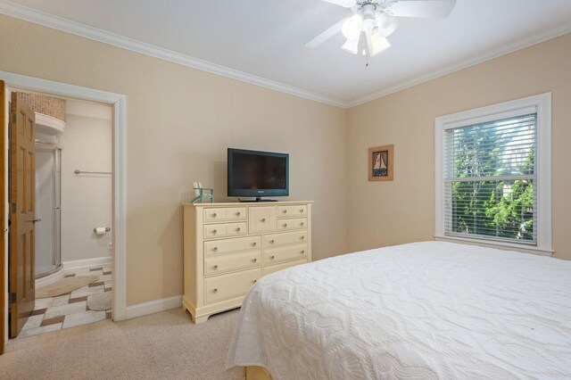 bedroom featuring light carpet, crown molding, baseboards, and ceiling fan