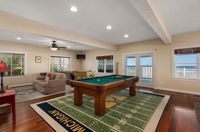 recreation room with billiards, baseboards, dark wood-style flooring, and beamed ceiling