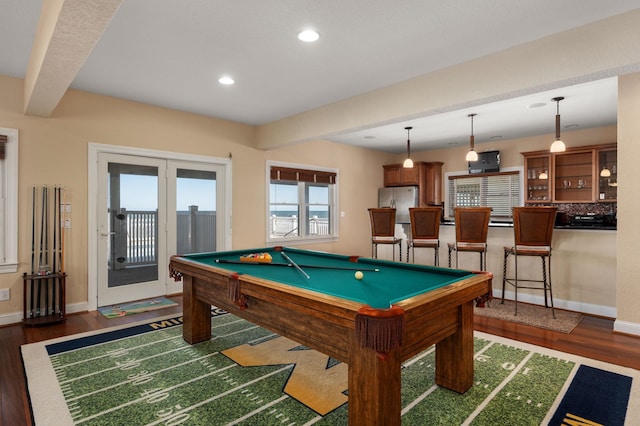 playroom featuring dark wood-style floors, pool table, baseboards, and recessed lighting