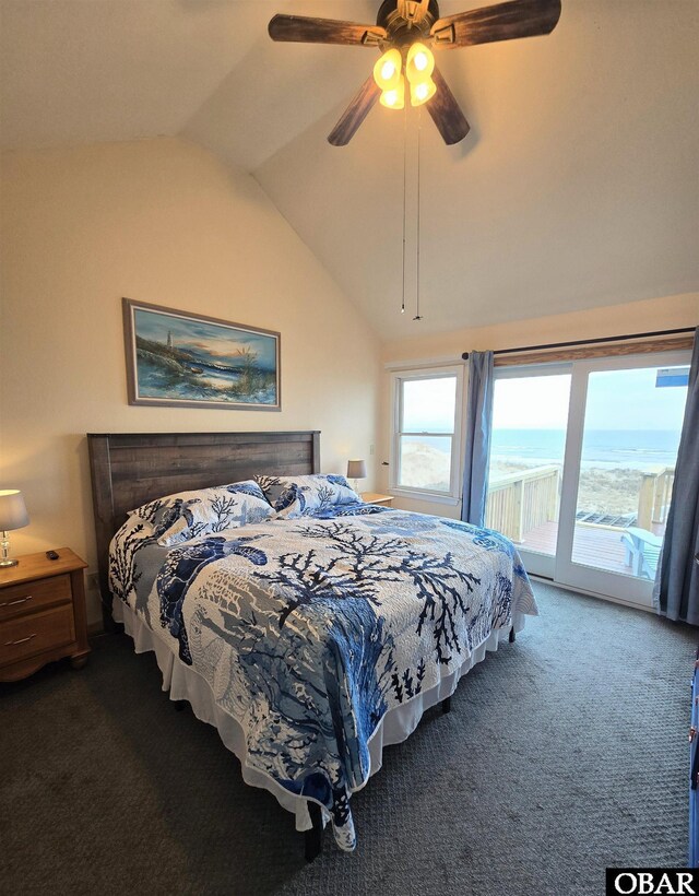 bedroom featuring a water view, a ceiling fan, access to exterior, vaulted ceiling, and dark carpet