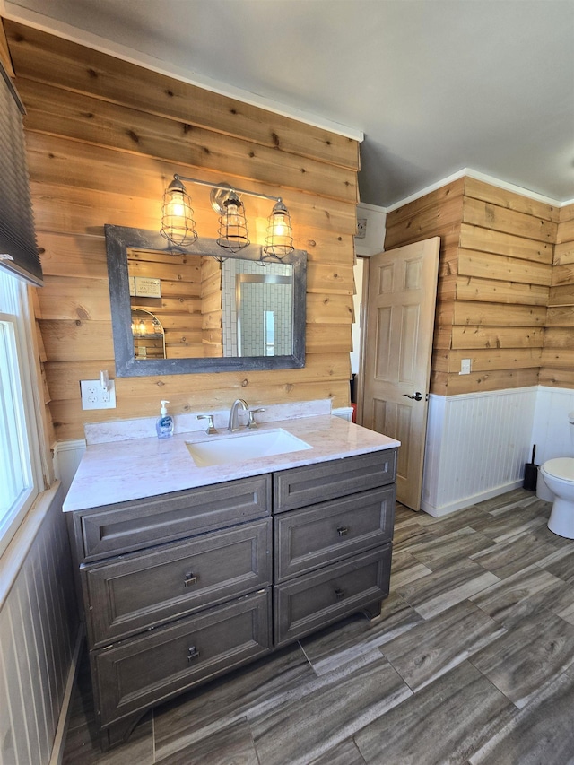 bathroom with toilet, wood finished floors, and vanity