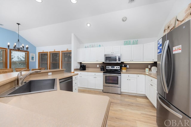 kitchen featuring stainless steel appliances, a sink, white cabinets, light countertops, and pendant lighting