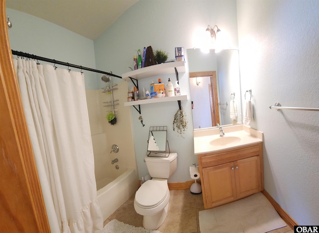 full bath with baseboards, toilet, shower / tub combo with curtain, tile patterned floors, and vanity