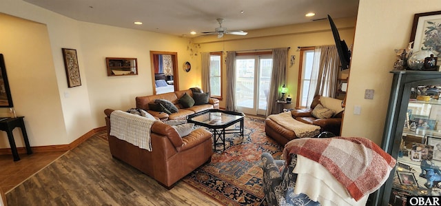 living room with a ceiling fan, baseboards, wood finished floors, and recessed lighting