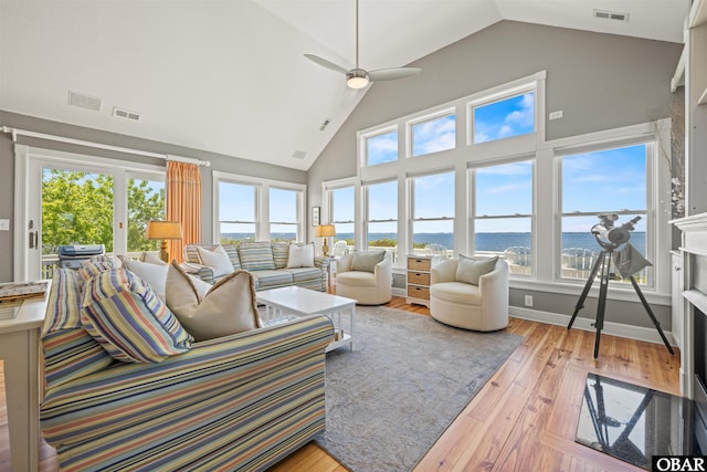 5006 S Links Dr Lot 6, Nags Head, NC 27959 - living room with visible vents, a water view, light wood finished floors, and high vaulted ceiling