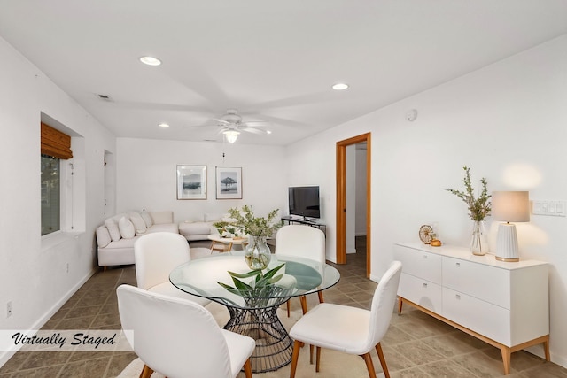 tiled dining area with baseboards, ceiling fan, and recessed lighting