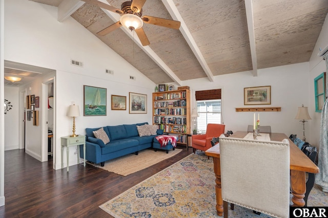 living area with dark wood-type flooring, beam ceiling, visible vents, and high vaulted ceiling