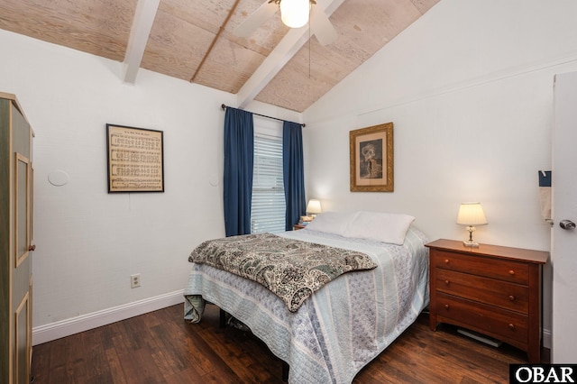 bedroom featuring lofted ceiling with beams, ceiling fan, baseboards, and dark wood-style flooring