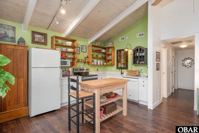 kitchen with white appliances, lofted ceiling with beams, light countertops, white cabinetry, and open shelves