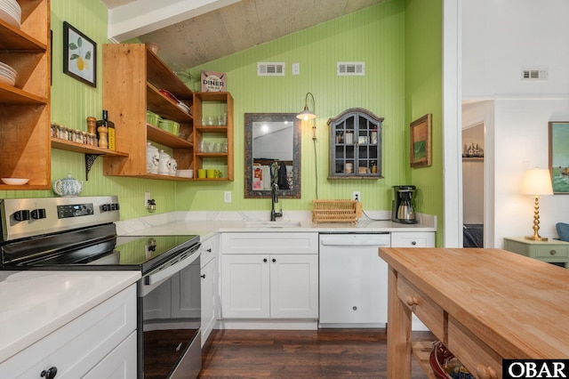 kitchen featuring a sink, white cabinets, light countertops, stainless steel electric range oven, and dishwasher