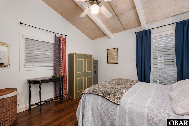 bedroom with lofted ceiling with beams, ceiling fan, and dark wood finished floors