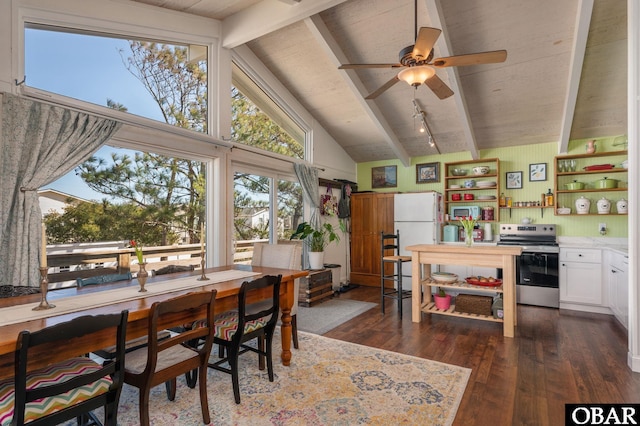 dining area featuring high vaulted ceiling, a ceiling fan, dark wood finished floors, and beamed ceiling