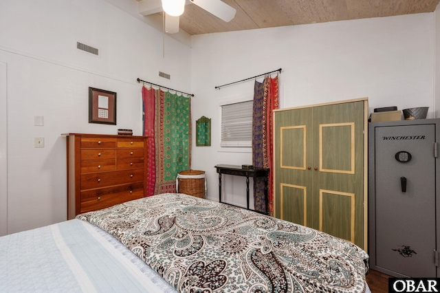 bedroom with lofted ceiling, visible vents, and ceiling fan