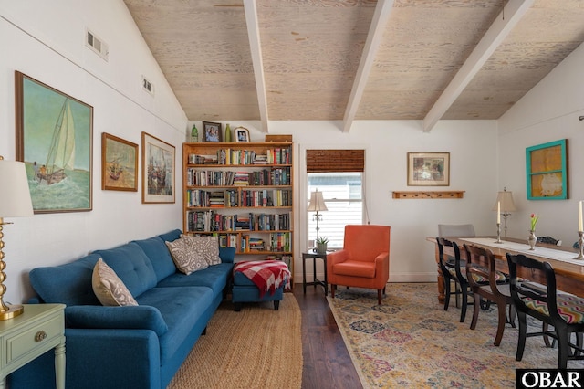 sitting room with vaulted ceiling with beams, wooden ceiling, visible vents, and wood finished floors