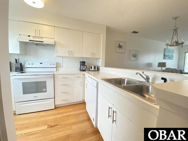 kitchen featuring white appliances, light wood finished floors, visible vents, under cabinet range hood, and a sink