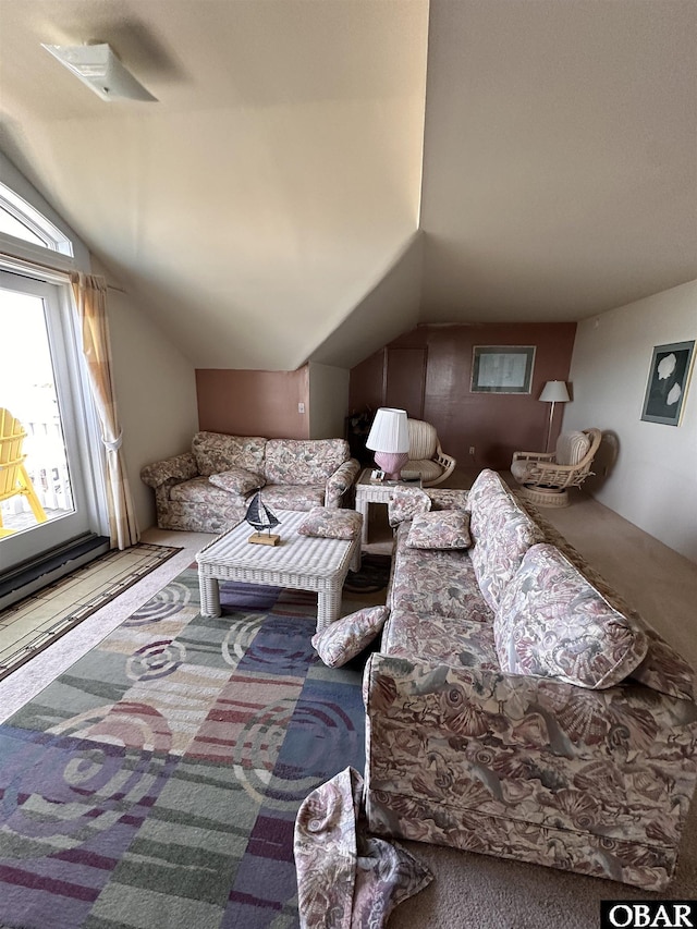 180 Irvin Garrish Hwy Unit 602, Ocracoke, NC 27960 - carpeted living room featuring lofted ceiling