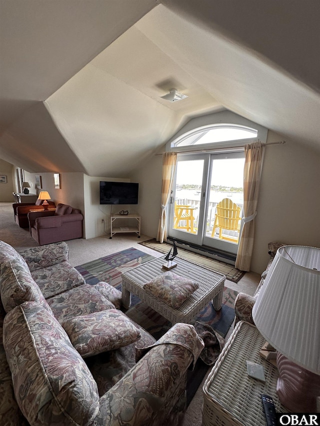 180 Irvin Garrish Hwy Unit 602, Ocracoke, NC 27960 - carpeted living room featuring lofted ceiling