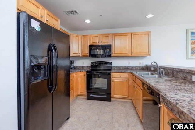 1700 Paget Rd Unit C 3, Kill Devil Hills, NC 27948 - kitchen featuring black appliances, a sink, recessed lighting, light tile patterned floors, and dark countertops
