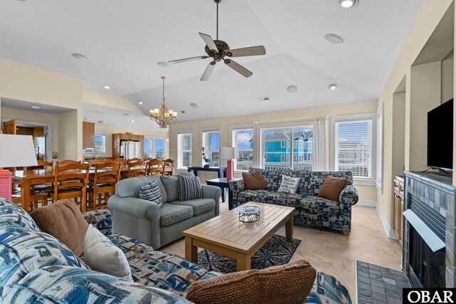 24205 Caribbean Ct Lot 8, Rodanthe, NC 27968 - living room featuring lofted ceiling, a ceiling fan, a chandelier, recessed lighting, and baseboards