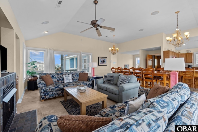 24205 Caribbean Ct Lot 8, Rodanthe, NC 27968 - living area with a chandelier, lofted ceiling, a ceiling fan, and recessed lighting