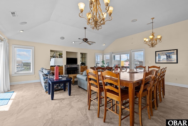 24205 Caribbean Ct Lot 8, Rodanthe, NC 27968 - dining room with a chandelier, vaulted ceiling, healthy amount of natural light, baseboards, and a ceiling fan