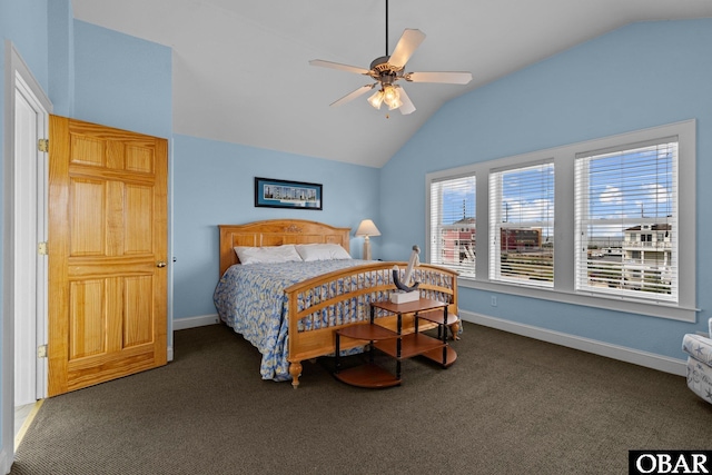 24205 Caribbean Ct Lot 8, Rodanthe, NC 27968 - bedroom with vaulted ceiling, carpet, baseboards, and ceiling fan