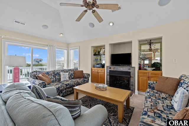 24205 Caribbean Ct Lot 8, Rodanthe, NC 27968 - living room featuring vaulted ceiling, ceiling fan, a tiled fireplace, and recessed lighting