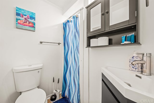 bathroom featuring ornamental molding, a sink, toilet, and curtained shower