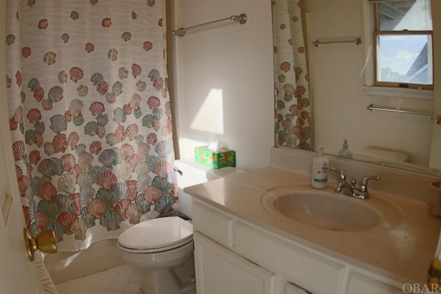 bathroom with toilet, shower / tub combo, tile patterned flooring, and vanity