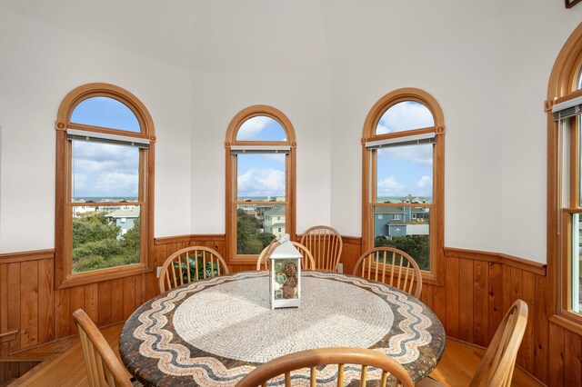 dining area featuring a wainscoted wall, wood walls, and a wealth of natural light