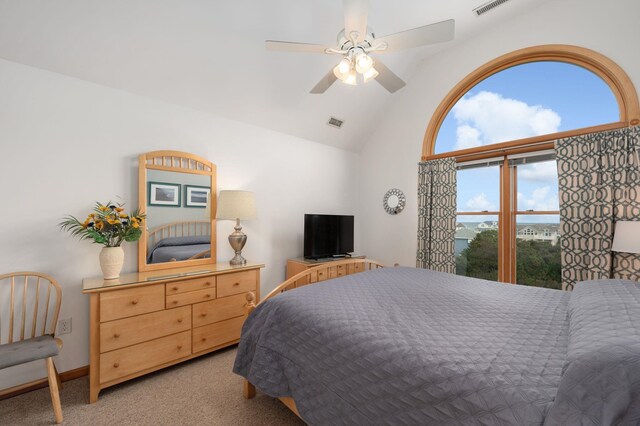 bedroom with a ceiling fan, light colored carpet, visible vents, and baseboards